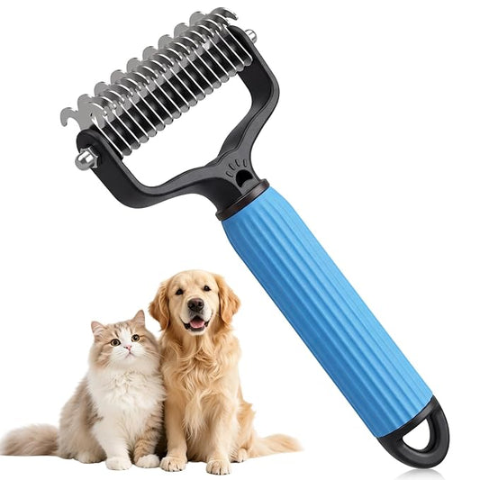 Double Sided Dematting Comb for Cats & Dogs, Undercoat Rake, Pet Grooming Brush for Long Hair, Deshedding Dog Brush Removes Tangles Knots and Loose Fur, Grooming Tool for Thick Coats(Blue)