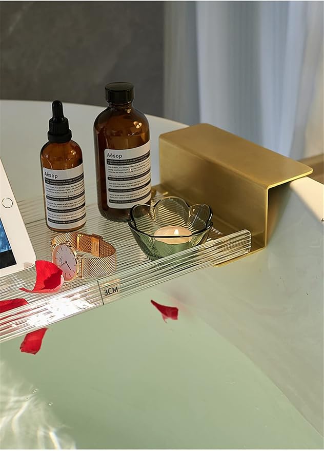 WANLIAN Acrylic Brass Bathtub Caddy Tray, Adjustable Length Bath Caddy Tray Shelf for Shower Storage Organizer