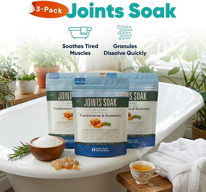 Joints Bath Soak (3 Pack) Soothing Epsom Salt with Rosemary and Frankincense Essential Oils Plus Vitamin Crystals in BPA Free Pouch Three 2 lbs Pouches 6 Lbs Total