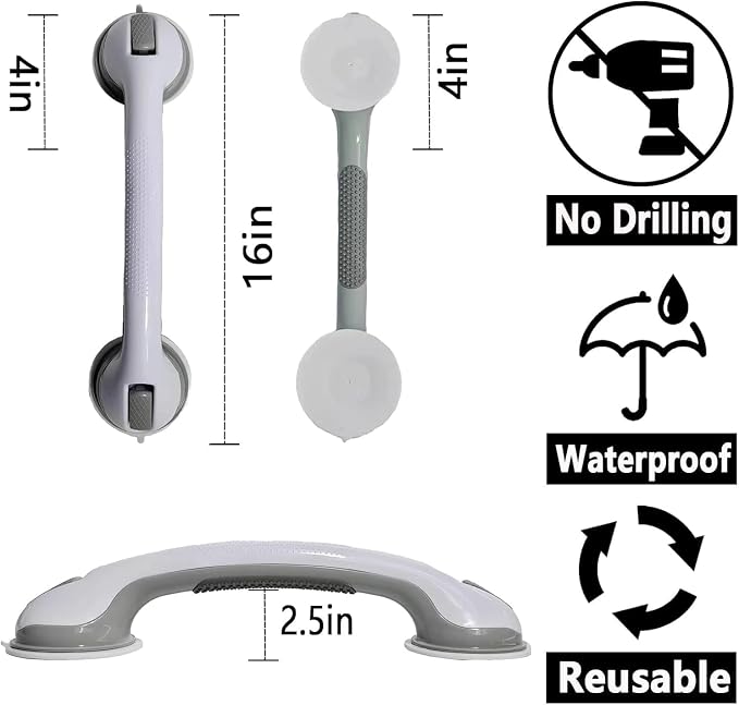 Shower Grab Bars for Seniors, Shower Handles for Elderly Suction Cup,2 Pack 16.19 Inch,Handicap Grab Bars for Bathtubs and Showers Wall, Bathroom Safety for Showers Walls Heavy Duty, No Drillin,Grey