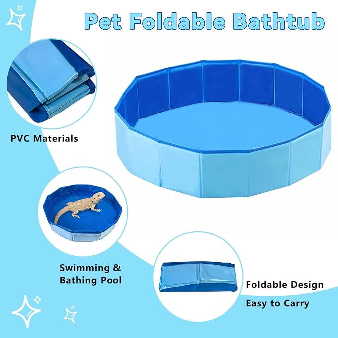 Foldable Bearded Dragon Pool Bathtub, Reptile Bath Pool Bearded Dragon Swimming Pool with Brush Gloves Reptile Accessories Swimming Pool for Turtle Lizard Small Pets