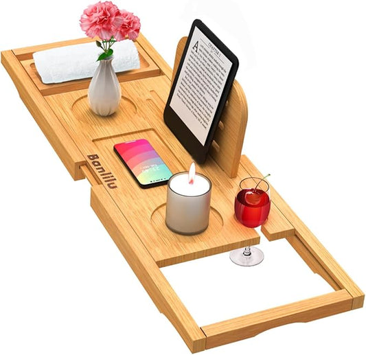 Premium Bamboo Bathtub Tray Caddy - Bath Tub Tray Table for Bathtub - Bath Caddy Tray for Bathtub, Expandable Size, Fits Most Bath Tubs