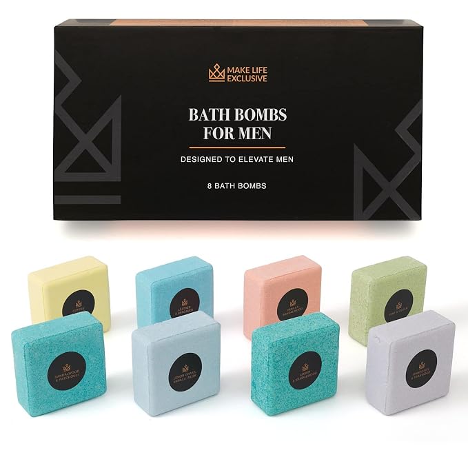Bath Bombs for Men – 8 Large Block Shape Natural Mens Bath Bombs | Relaxing Bubble Bath Set & Bubble Bath Balls for Men | Masculine Scents & Skin Soothing Gift Set