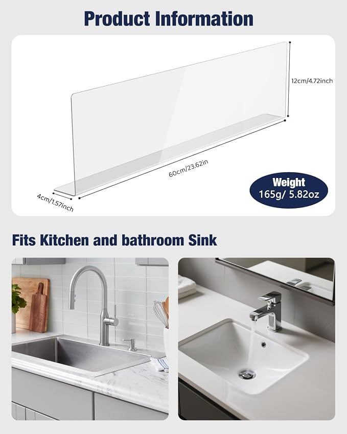 Acrylic Sink Splash Guard, Highly Transparent Fixed Splash Guard for Kitchen Island & Bathroom（23.6"L x 1.6"W x 4.7"H）