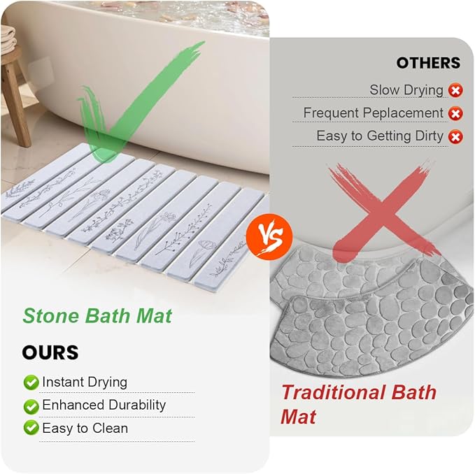 Foldable Stone Bath Mat - 24x16, Super Absorbent Diatomaceous Earth Large Bath Mats for Bathroom, Quick Dry Non-Slip Stone Drying Mats for Kitchen Counter & Bathtub (Light Gray Floral Decor)