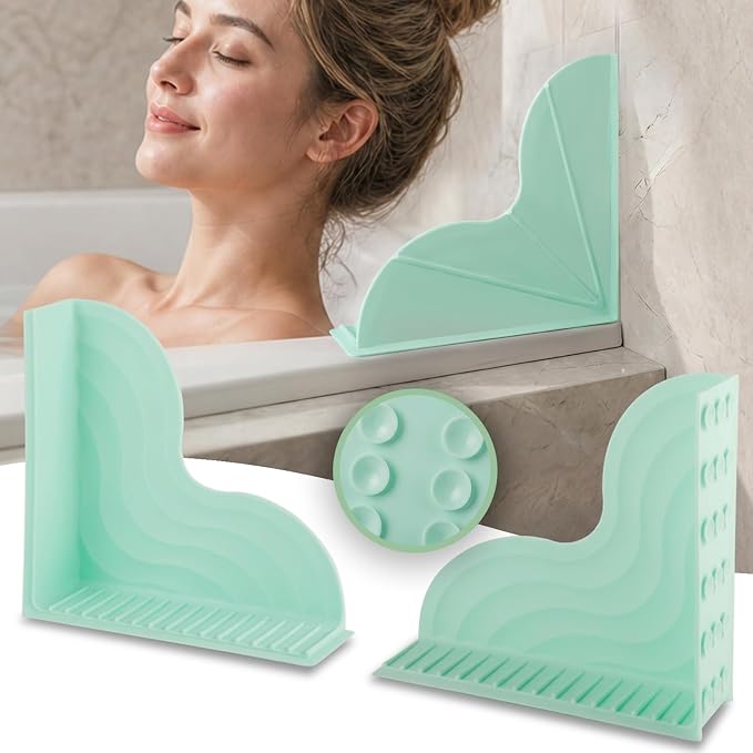 2-Pack Green All-Silicone Bathtub Splash Guards. | No-Glue Corner Water Stopper with Secure Suction Cups, Easy On/Off Bath Tub Leak Proof Barrier for Walk-in Showers.