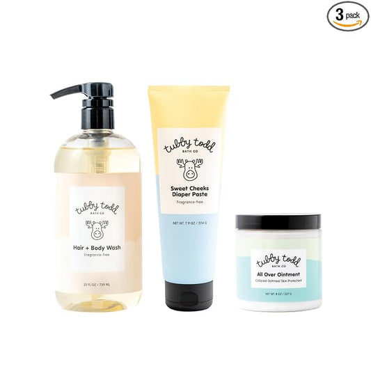 TUBBY TODD Baby Bundle Newborn Skin Care Set - Hypoallergenic Hair + Body Wash, All Over Ointment with Colloidal Oatmeal, Sweet Cheeks Diaper Paste - Fragrance-Free, Full Size