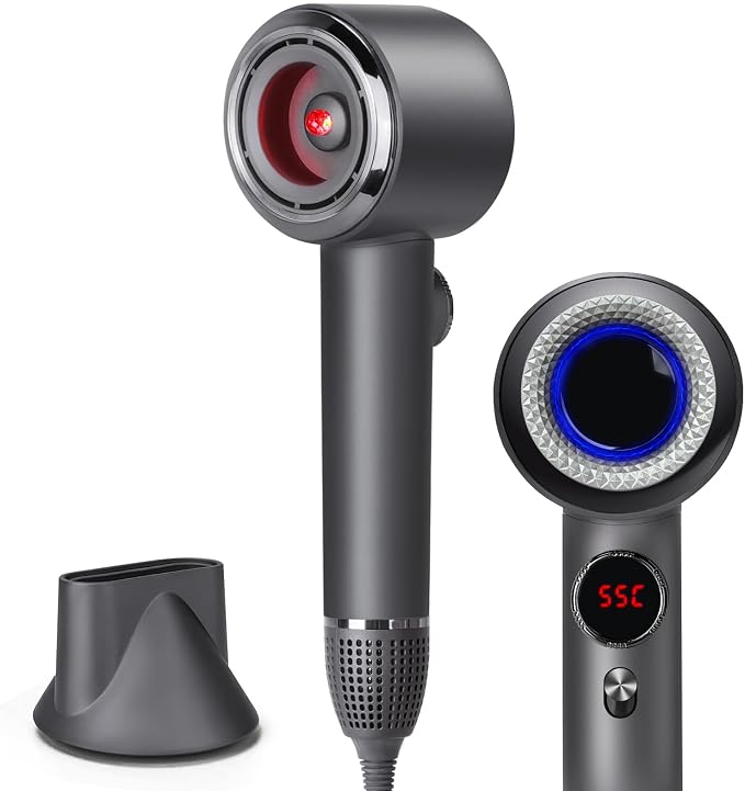 Hair Dryer, 110000 RPM High Speed Professional Hair Dryer, 2 Speeds and 11 Temps with HD Display, Low Noise Portable Hair Blow Dryer with Magnetic Nozzle for Home Travel Salon (Gun Grey)