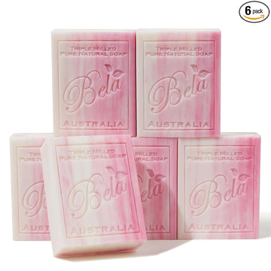 BELA Pomegranate Soap 3.3 OZ Pack of 6, Long Lasting French Triple Milled Bar Soap with Organic Shea Butter, Hand, Face and Body Wash Bar, Made in Australia