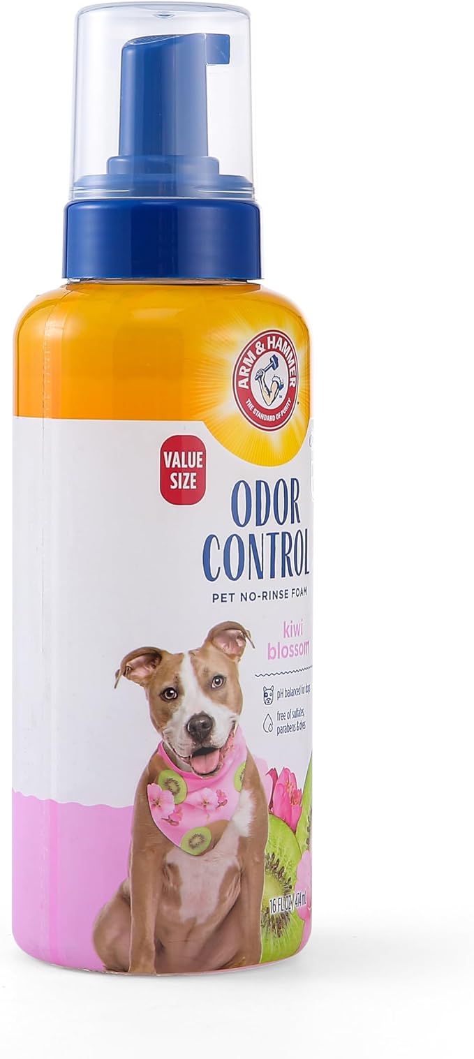 Arm & Hammer for Pets Odor Control No-Rinse Foam for Dogs, Kiwi Blossom Scent, Waterless Baking Soda Dog Deodorizer, pH Balanced, Free of Sulfates and Parabens, 16 Fl Oz