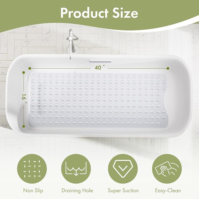 AmazerBath Shower Mat Non Slip 40 x 16 Inches, Shower Stall Mats with Suction Cups and Drain Holes, Non Slip Bath Mat for Tub for Elderly & Kids, Clear