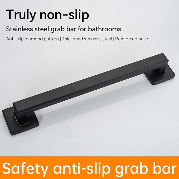 Joyrain ADA Square Grab Bar 16/24/32 Inch - 500lb Capacity Safety Rail for Elderly, Non-Slip Bathroom Handle (Matte Black, 18 inch)