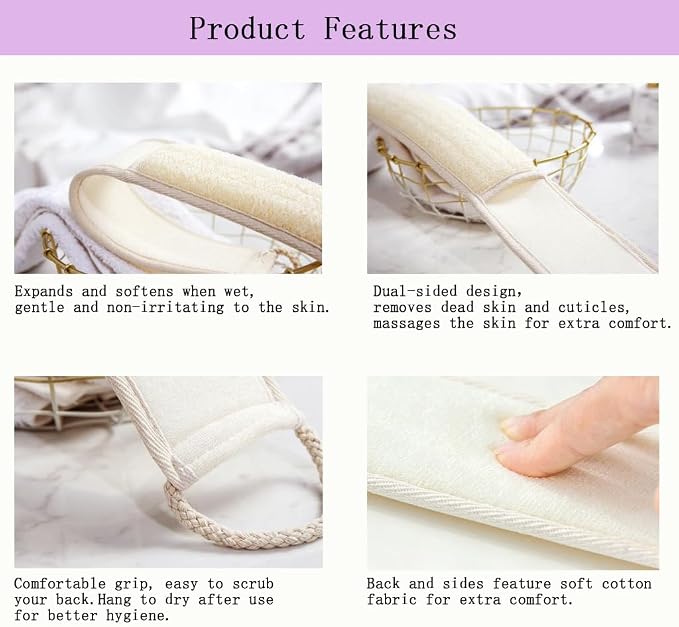 Extra-Long Natural Loofah Back Scrubber,1 Pack | Exfoliator，Biodegradable，back scrubber for shower ,Exfoliating Bath Strap， with Cotton Handles, Shower Body for Men Women