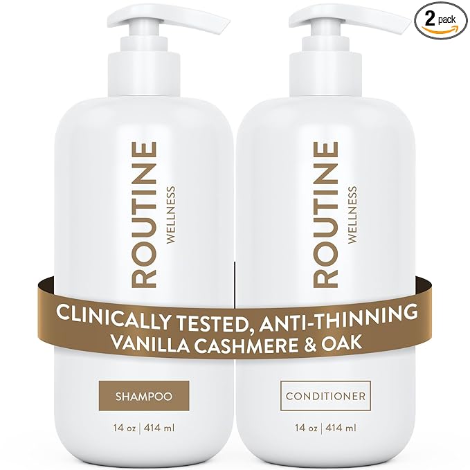 Routine Wellness Shampoo & Conditioner Set - Vanilla Cashmere & Oak | Clinically tested shampoo for thinning hair with biotin, pea peptides, saw palmetto oil, color safe, sulfate free
