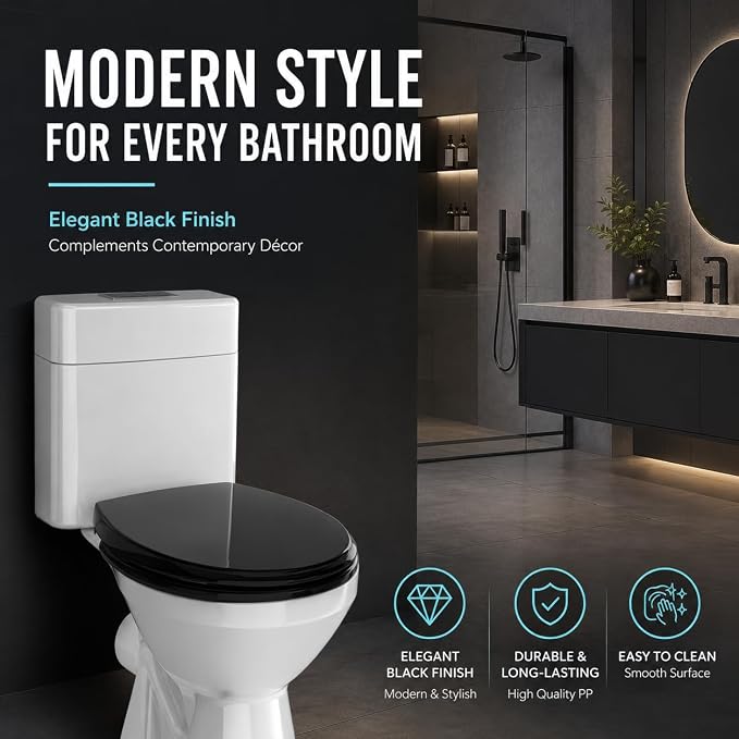 Black Round Toilet Seat 16.5 Inch, Soft Close Toilet Seat, Quiet No Slam Toilet Lid, Easy Install & Quick Release, Durable PP Plastic, Easy Clean, Fits Most Standard Round Toilets, Black