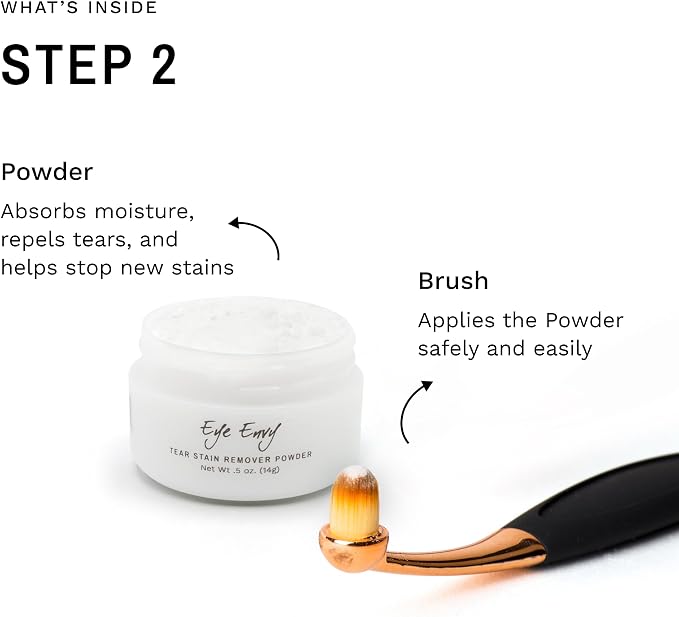 Eye Envy Cat Tear Stain Remover Starter Kit with ProPowder Brush. Stain Solution, Applicator Pads, Stain Powder, and Small Applicator Brush. Tear Stain Cleaning Kit. Lasts 30-45 Days. Made in USA.