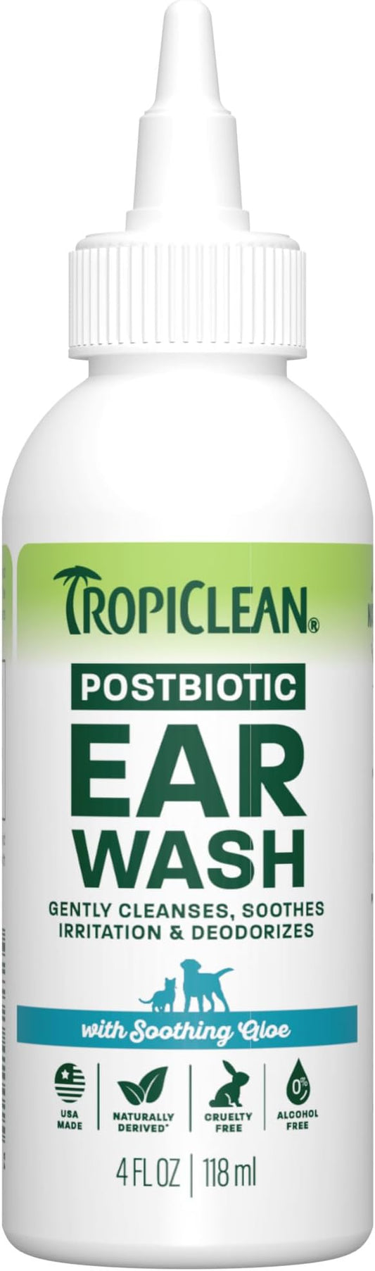 TropiClean Dog Ear Wash, Vet Recommended Ear Cleaning Solution for Itch Relief, Odor Eliminating, Non Stinging Alcohol-Free, Cat Safe, USA Made, 4oz
