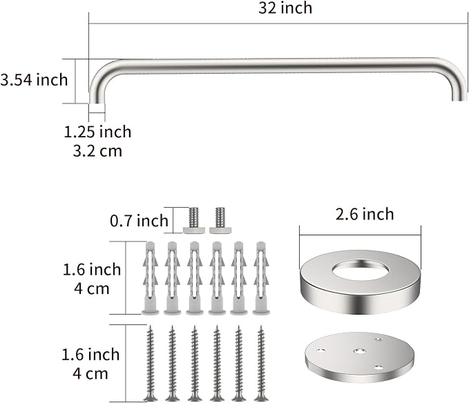 32 Inch Shower Grab Bar, ZUEXT SUS304 Stainless Steel Brushed Nickel Bathroom Grab Bar Handle, Shower Balance Bar, Safety Hand Rail Support, Handicap Elderly Senior Assist Bath Handle (1.25" Diameter)