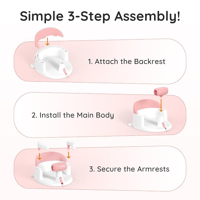 Baby Bath Seat for Babies Sitting Up, Non-Slip Baby Bath Chair with Strong Suction Cups, Lockable Armrest & High Back 360° Safety Support, Ideal for Active Toddlers 6-24 Months, Pink