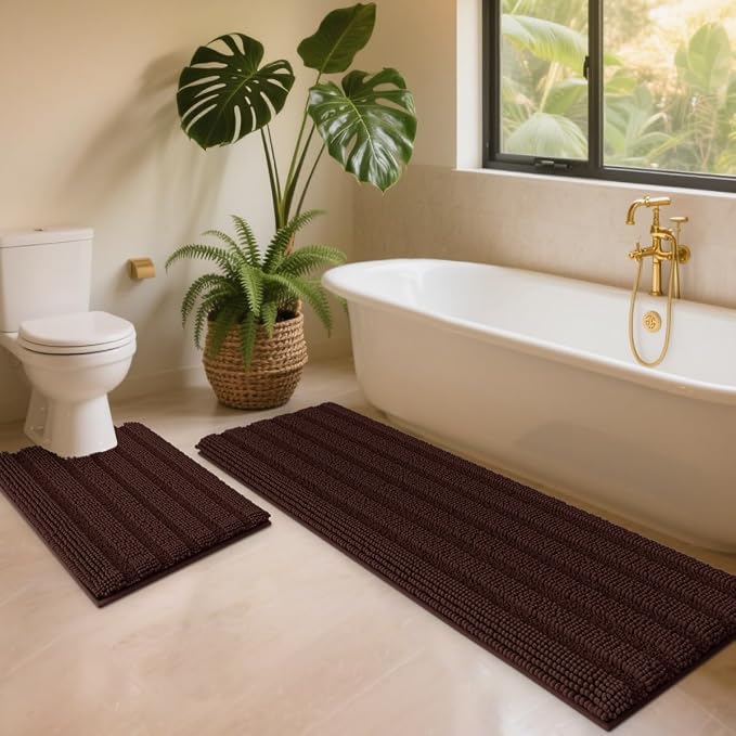 ACCUMTEK Striped Brown Toilet Bathroom Rug Mat Set 2 piece Rug Ultra Soft, Non Slip Chenille Bath Rugs, Absorbent Plush Shaggy Bath Mats for Bathroom, Bedroom, Kitchen, Shower, Tub