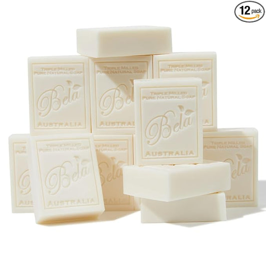 BELA Extra Creamy Goat Milk Soap 3.3 OZ Pack of 12, Long Lasting French Triple Milled Bar Soap Enriched with Organic Shea Butter, Hand, Face and Body Wash Bar, Made in Australia