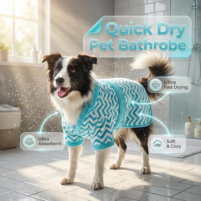 Dog Bathrobe and Drying Towel, Super Absorbent Microfiber Pet Drying Robe, Soft Coral Fleece Puppy Bath Coat with Adjustable Fastener, Easy-to-Put-On Dog Towel (Grey, S)