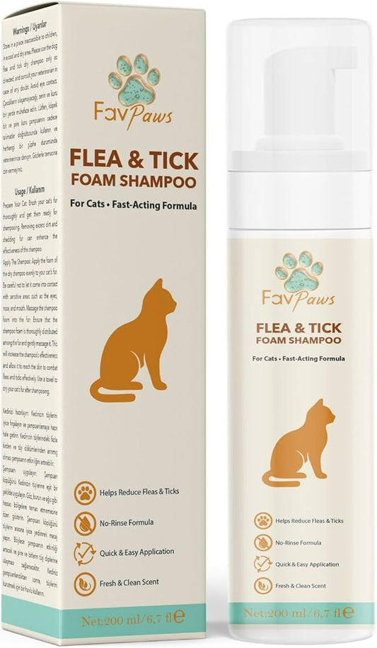 Flea & Tick Cat Waterless Foam Shampoo – No Rinse Grooming Formula – Gentle Care Coat Cleansing – Fresh Clean Scent – Dry Shampoo for Cats and Kittens -200 ml (6.7 fl oz)