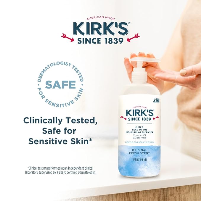 Kirk's Original Fresh 3-in-1 Nourishing Cleanser, Shampoo Body Wash Bubble Bath, Coconut Oil and Aloe Vera, Vegan Non-GMO, 32 Fl Oz