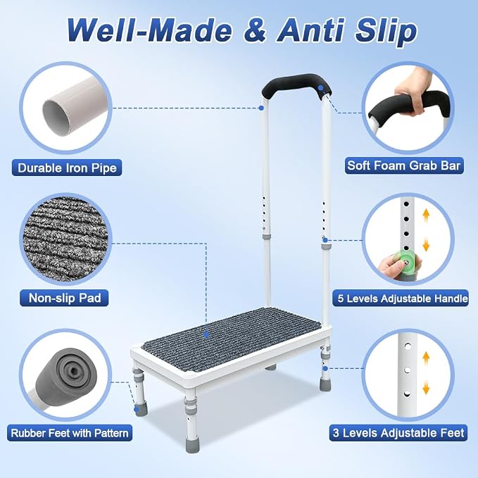 Step Stool with Handle for Elderly, Bathtub Steps Seniors Medical Safety Handicap Foot Stool, Shower Tub Helper Stepping Heavy Duty 400lbs, Adjustable Metal Bath Platform with Handrail Non Slip