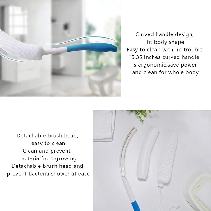 MagiDeal Vinyl Quote Me Long Anti-Slip Curve Handled Bath Body Brush, Easy Reach for Seniors, Suitable for Elderly/Pregnant Aid Bathing & Shower, Blue, 15.35"