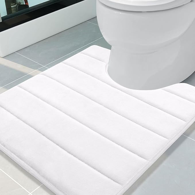 Buganda Memory Foam U-Shaped Contour Toilet Rugs, Absorbent, Thick Soft Washable Bathroom Mat, Floor Carpet Bath Rugs Mat for Toilet Base (24" x 20", White)