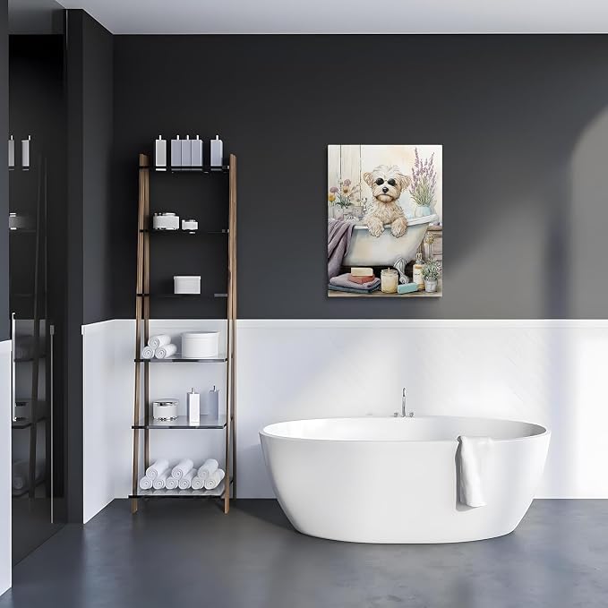 Framed Cute Dog Bathroom Wall Art Canvas Spa Bath Decor Gifts 12x16 Inches | Cute dog bathroom canvas with bath tub sunglasses lavender towels ready to hang for spa bathroom powder room pet lover decor
