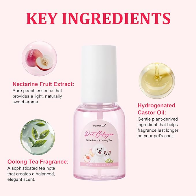 Premium Dog Cologne, Deodorant Perfume for Dogs and Cats, and Coat Spray, Long-lasting White Peach Oolong Scent, Keeps Dogs Fresh All Day, Suitable for Use Between Baths, 2.37 fl oz