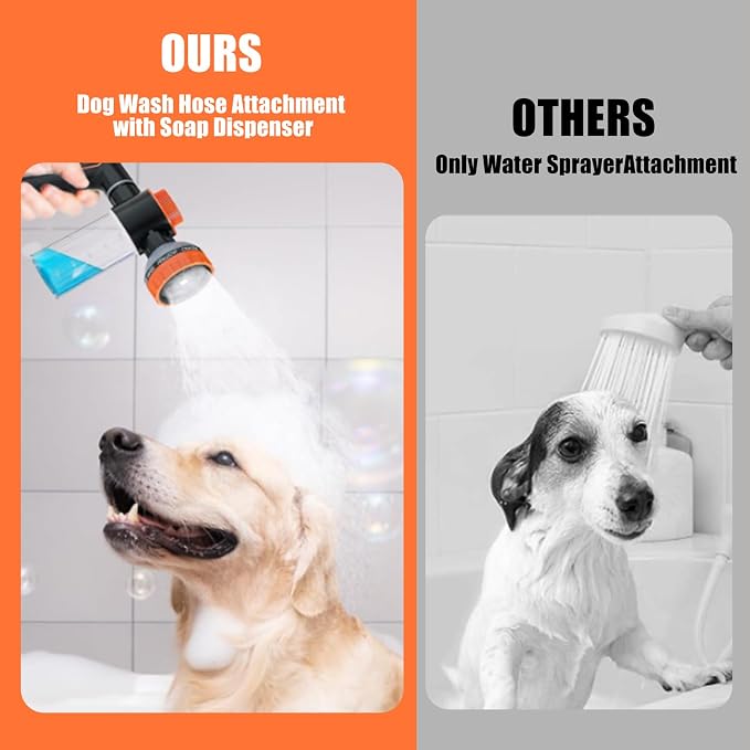 Dog Shower Attachment with Soap Dispenser, Upgraded Dog Washing Hose Attachment for Pet Bathing, High Pressure Foam Sprayer with 10 Spray Modes and Grooming Brush