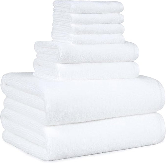 Amazon Basics 100% Cotton Lightweight Quick-Dry Bath Towel Set,8-piece,White,10" x 7",(Pack of 6)