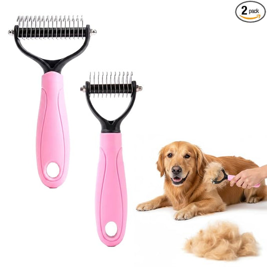 Double‑Sided Pet Grooming Brush, 2026 Upgraded Undercoat Rake for Long Haired Dogs & Cats, Multi‑Functional Dematting Comb Deshedding Tool, Mat Remover Detangler for Home Grooming (2, Pink L+M)
