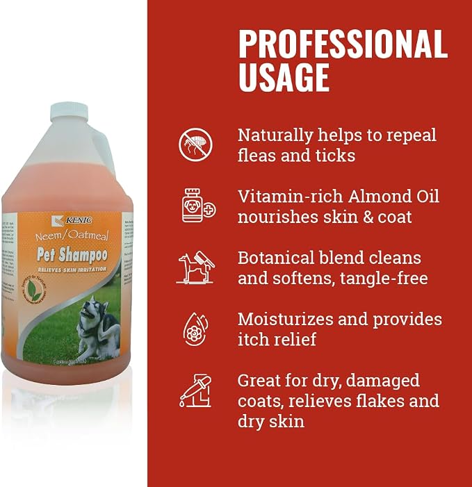 Kenic Neem Oatmeal Conditioning Dog & Cat Shampoo, Calming Relief for Itchy Skin with Natural Flea & Tick Support, Moisturizing Botanical Blend, Made in USA