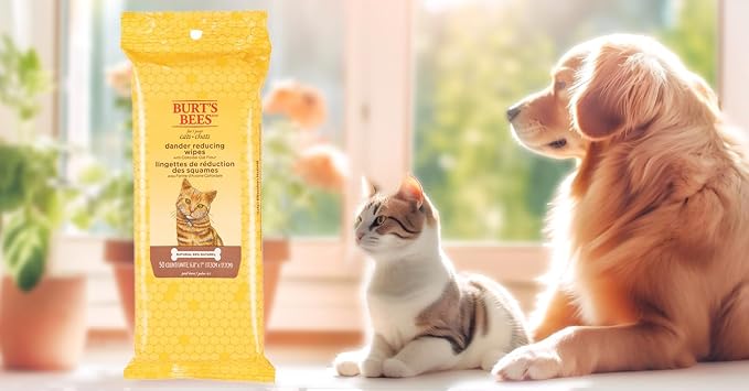 Burt's Bees for Pets Cat Dander Remover Wipes, Colloidal Oat Flour and Aloe to Soothe Dry Skin and Reduce Flaking, Unscented Grooming Cloths for Cats and Kittens, 50 Count - 3 Pack