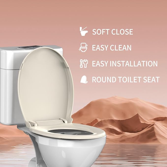 Round Toilet Seat Almond 16.5 Inch, Soft Close Toilet Seat, Quiet No Slam Toilet Lid, Easy Install & Quick Release, Durable PP Plastic, Easy Clean, Fits Most Standard Round Toilets, Almond
