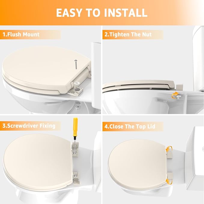 Toilet Seat Round 16.5 Inch with Quick Release-Quick Connect, Round Toilet Lid with Soft Close. PP Material Safe, Easy Clean and Install, Sturdy Accessories Never Loosen,2 Years Support, Almond