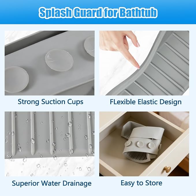 Splash Guard for Bathtub, Silicone Bathtub Tray for Kids with 11 Suction Cups, Bathtub Edge Water Guard, Prevent Water Spills, Toy Storage Shelf for Toddlers & Babies Bath Time(2.6FT, Grey)