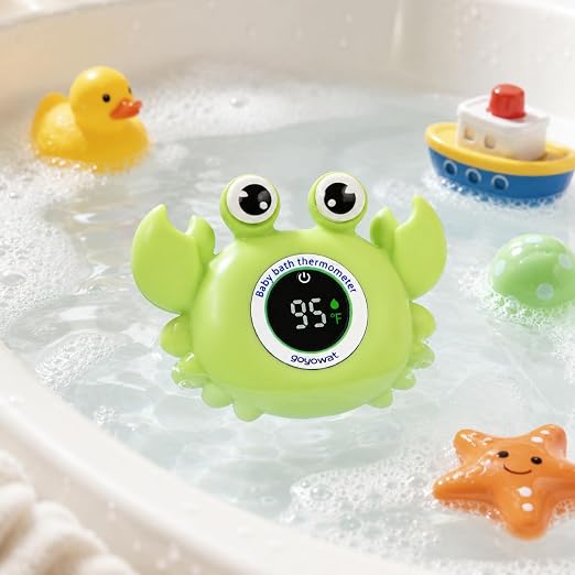 Baby Bathtub Thermometer with LED Display Screen+Green Crab toy-2-in-1 | Color Coded Alarm (Cold/Comfortable/hot) Bath Temperature Monitor, Adorable Floating Toys for Infants, Essential for Babies
