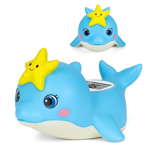Baby Bath Thermometer, Dolphin Floating Water Thermometer with Safety Alert | Floating dolphin design | IPX7 waterproof | Hot & cold safety alert | Fast digital reading | Ideal for newborn bath time