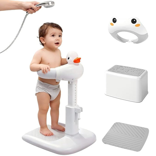 Baby Shower Stand 𝙬𝙞𝙩𝙝 𝙎𝙝𝙤𝙬𝙚𝙧 𝘾𝙖𝙥 & 𝙎𝙩𝙤𝙤𝙡 - Safety & Non-Slip Baby Bath Stand, Toddler Shower Stand for Infants 6-36 Months, Shower Standing Support Max 35 Lbs Capacity