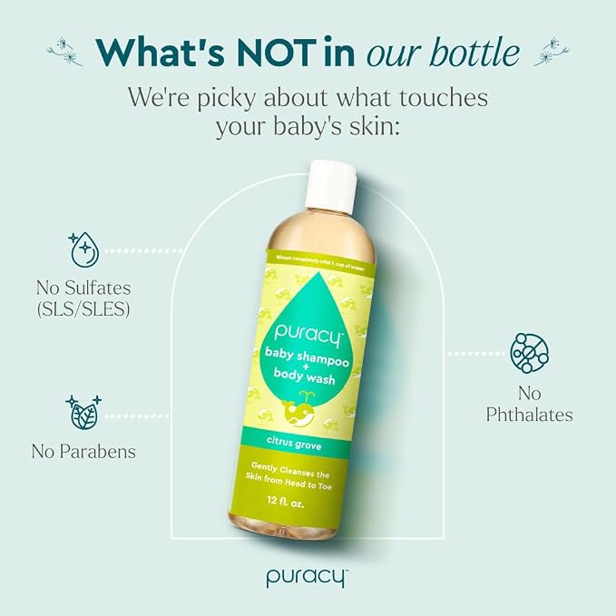 Puracy Shampoo & Body Wash for Children - Perfect Skin, Pure Ingredients with 12 Fruit & Vegetable Extracts for Silky Smooth Skin, Gentle Citrus Grove Aromas, 98.8% from Mother Nature, 12 Fl Oz (2-Pk)