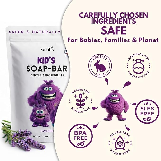 KELEBS Kids Soap Bar, Gentle Lavender Soap, Kids Body Wash Bar, Natural Bar Soap for Kids & Family, with Organic Lavender Oil, Naturally Scented, 7 Bars