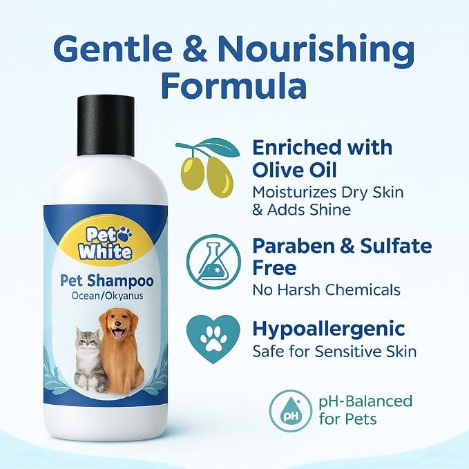 Pet White Dog Shampoo, Ocean Scent, Deodorizing & Nourishing Formula for Dogs & Cats, 16.9 Fl Oz