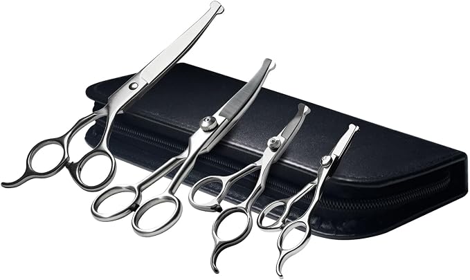 4 in1 Curved Dog Grooming Scissors Kit,7.5", 5.5", 5" & 5" Curved Down Pet Grooming Scissors with round tips for pets face and paw grooming