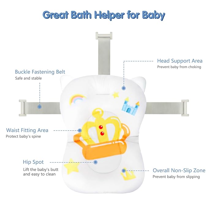 Colorlife Baby Bath Seat Support Net Infant Bathing Seat Support Mat, Adjustable Comfortable Non-Slip Three-Pointed Baby Shower Net Bathtub Sit Up Mesh for Newborn 0-12 Months-White Crown(No Bathtub)