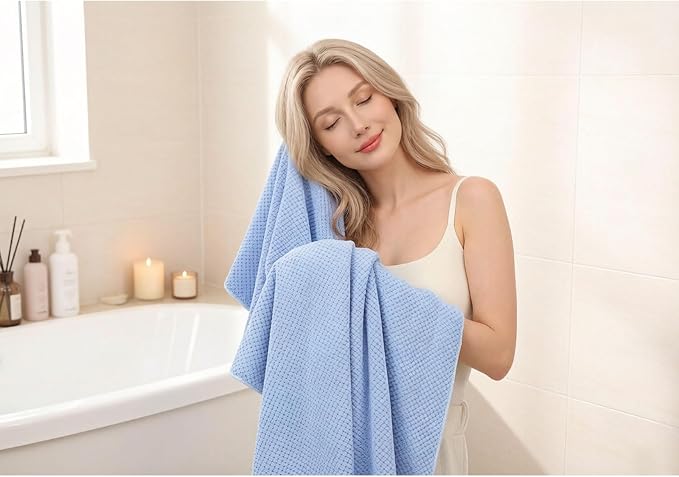 2 Pack Bath Towel Set, Waffle Bath Towel Set, Super Soft Highly Absorbent, Sturdy Quick Drying Towels for Bathroom, Gym, SPA, Yoga (2 Piece 30" x 60", 2Blue)